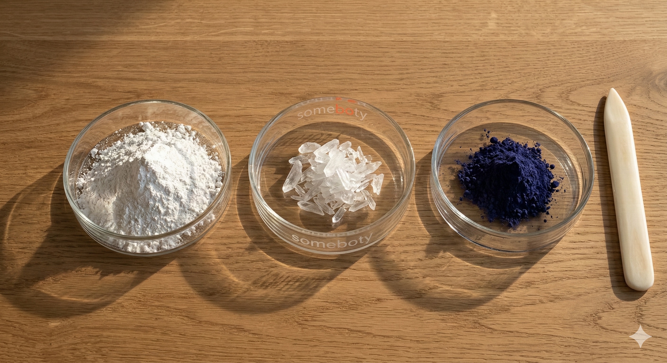 Raw ingredients: crystals, pigments, ceramic components laid out